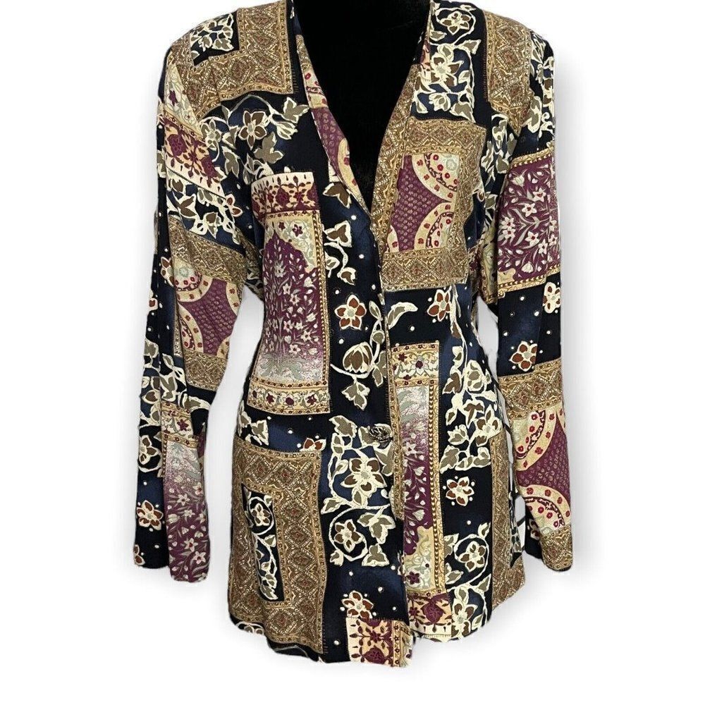 Women's Multicolored Boyfriend Length Mixed Print Blazer Size 12 Vintage Shacket
